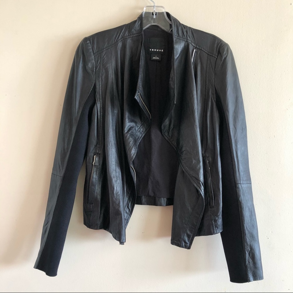 Trouve Black Drape Front Leather Moto Jacket
